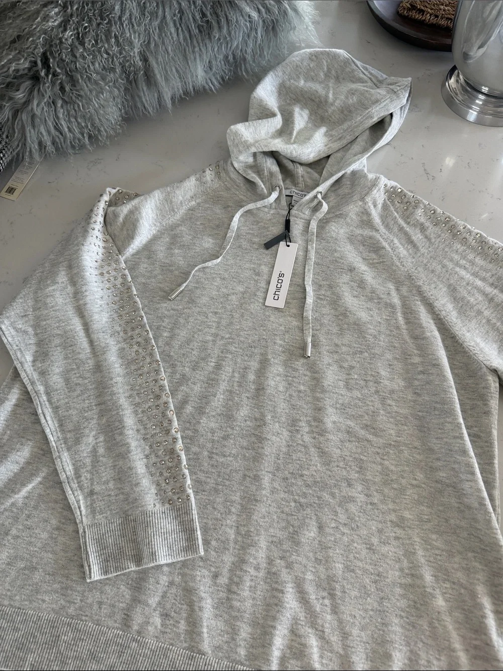 Chico's Light Gray Hoodie with Sparkle Stud Sleeve Detail Zenergy Luxe